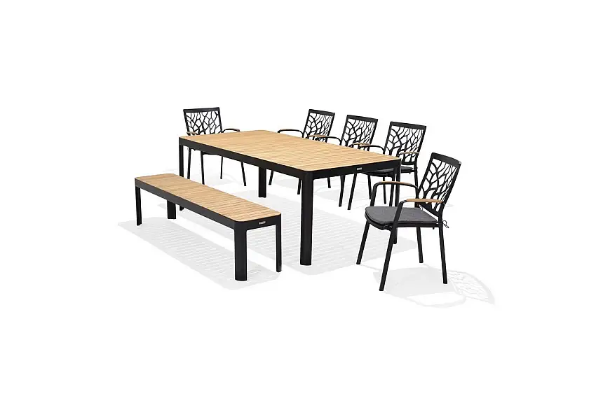Utomhusmöbelgrupp Lifestyle Garden Portals 209 cm 5 trädskärarstolar + bänk