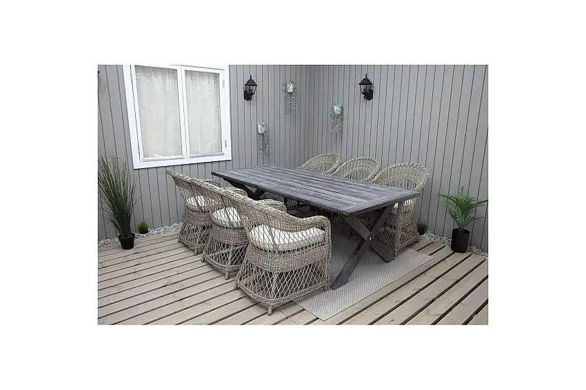 Utomhusmöbelgrupp 220 cm bord & 6 Merida naturell stolar Grå