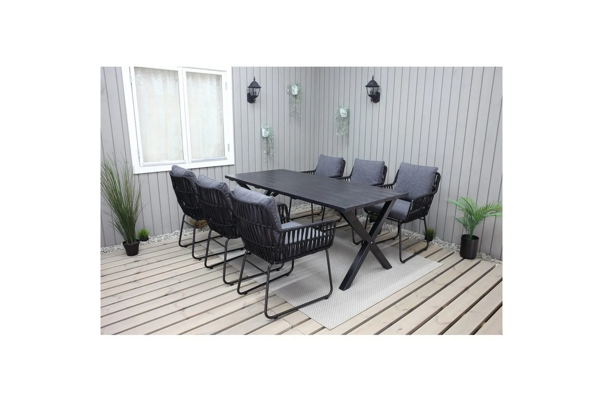 Utomhusmöbelgrupp 190 cm Bord & 6 Levanto grå stolar Svart