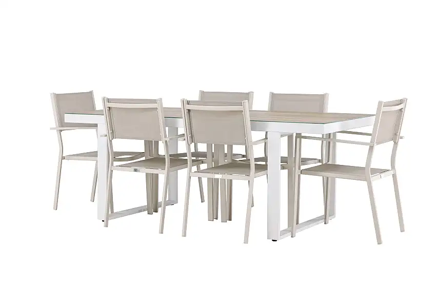 Venture Home MERLO Matgrupp Utomhus 200 cm + 6 st Copacabana Matstolar Beige/Vit