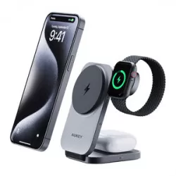 Aukey Magnetisk trådlös laddare 3 i 1 MagFusion Aukey LC-MC312, 15W Qi2 (grå)