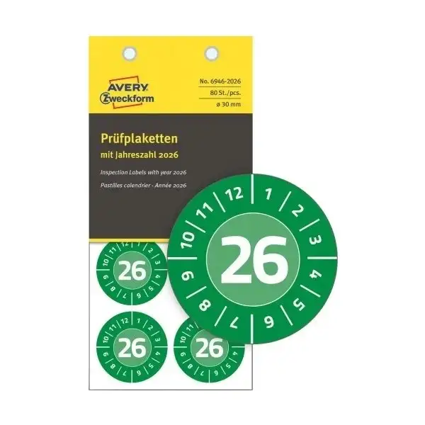 Avery Inspektionsdatumetiketter, grön, 2026, Ø30mm