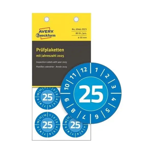 Avery Inspektionsdatumsetiketter 2025, blå, Ø30mm
