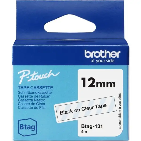 Brother BTAG-131 etikettejp, 12mm, svart på klar